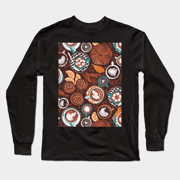 Love hugs in coffee mugs // pattern // expresso brown background lagoon orange and aqua cups and plates autumn leaves delicious cinnamon buns and cakes coffee stains and beans Long Sleeve T-Shirt by SelmaCardoso